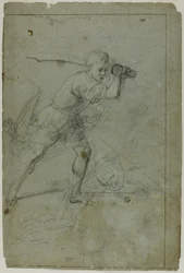 David halshugger Goliat (rekto); Skisse av drapert kvinnefigur med høyre arm hevet over hodet (verso)