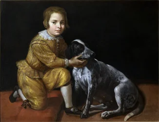 Portrett av en gutt med en hund.
