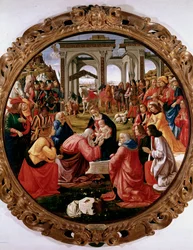 Tilbedelse av magi-maleriet av Domenico Ghirlandaio (Domenico Bigordi) (1449-1494) 1487 Diam. 171 cm Firenze, Galleria degli Uffizi (kontorer)