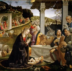 Tilbedelse av hyrdene Maleri av Domenico Ghirlandaio (1449-1494) 1483-1485 Søn. 167x167 cm Capella Sassetti, Santa Trinita, Firenze