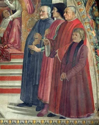 Detalj av St. Frans som mottar ordensregelen fra pave Honorius, scene fra syklusen til St. Frans av Assisis liv, 1486 (detalj av 85235)
