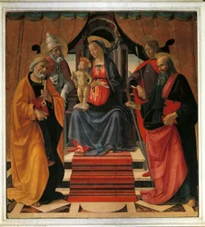 Hellig samtale. Jomfru Maria og Jesus Kristus omgitt av St. Peter, St. Paul, St. Sebastian og Pave St. Clement (maleri