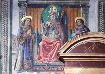 St Zenobius, biskop og beskytter av Firenze, mellom de hellige Eugene og Crescenzio og Marzocco, løven, symbol på byen av Domenico Ghirlandaio (1449-1494), freskomaleri, detalj, Palazzo Vecchio, Lilies Room (Sala dei Gigli), Firenze