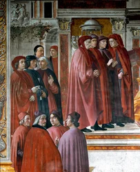 Kunngjøringen gjort i Zachariah (Zaccharia) Nedenfor til venstre er tenkere og intellektuelle Marsile Ficin (Ficino), Cristoforo Landino, Angelo Poliziano og Demetrios Chalkondyles (Calcondila). Detalj. Fresco av Domenico di Tommaso Bigordi dit Ghirlandaio