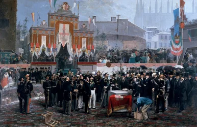 Seremoni for nedlegging av grunnstein til Galleria Victor Emmanuel II i Milano, 7. mars