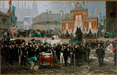 Seremoni for hjørnesteinen til Vittorio Emanuele II-galleriet 7. mars 1865 (olje på tre