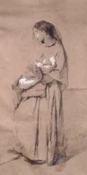 Mother forsaken, av Domenico Induno, blyant på papir