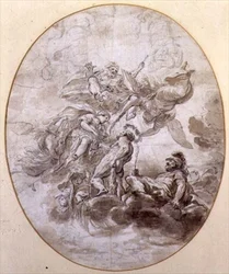The Apotheosis of Hercules, design for en takfreskomaleri for Palazzo Pepoli i Bologna (penn og blekk og sepia vask på papir)