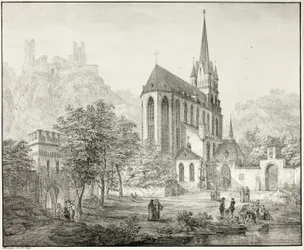 Collegiate Church of Our Lady, med Castle Schoenberg ved Oberwesel ved Rhinen