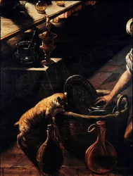 Den siste kveldsmaten (La cene) Detalj av en katt som leter i en kurv. Maleri av Jacopo Robusti kalt Tintoret (Tintoretto) (1518-1594) 1592-1594 Søn. 365x568 cm Venezia, kirken San Giorgio