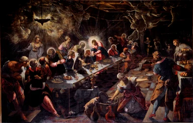 Nattverden (La Cène), maleri av Jacopo Robusti, kalt Tintoretto (1518-1594), 1592-1594, 365 x 568 cm, Venezia, San Giorgio-kirken