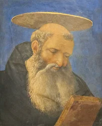 Hodet til en tonsuret, skjeggete helgen, ca. 1440-44 (tempera på tre)