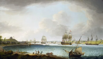 Den britiske krigsskipsskvadronen til Royal Navy i Plymouth, England. Olje på lerret
