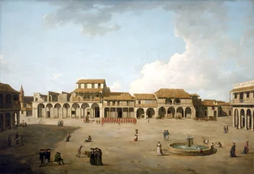 Havana-plassen (Cuba), august og september 1762, under britisk okkupasjon med en tropp soldater i røde uniformer, beskrivelse av bygningene og noen engelske sjømenn nær fontenen