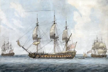 Portrett av et britisk skip med 74 kanoner i Solent (England), sett fra tre forskjellige vinkler. Maleri av Dominic Serres den eldre (1719–1793), akvarell rundt 1788.