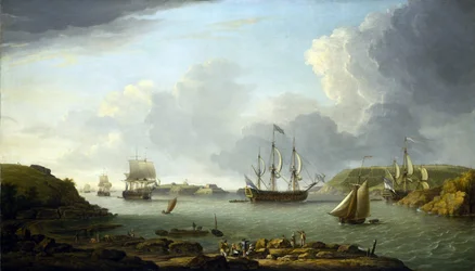 En flåtes tilbakekomst til Plymouth (England), beskrivelse av byen og bukten, inkludert Drake Island og Edgcumbe Mountain. Olje på lerret