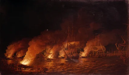 Syvårskrigen (1756–1763): Franske krigsskip angriper den britiske flåten utenfor Quebec City (Canada) om natten, 28. juni 1759. Olje på lerret