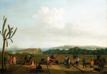 Syvårskrigen (1756–1763): Erobringen av Havana (Cuba) i 1762, det britiske kanonbatteriet foran Morro Castle, installert på en treplattform (plattform), med en beskyttende brystvern, kanonerne er kledd i blått, i horisonten er Morro Castle 