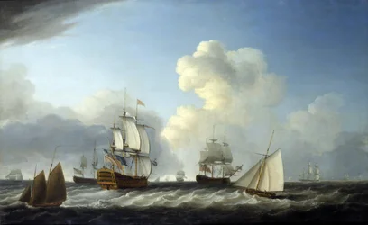 Den britiske marinens andreklasseskip, med 98 kanoner, var «Saint George», ledsaget av andre skip.