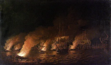 «Syvårskrigen» (1756–1763): Franske krigsskip angriper den britiske flåten utenfor Quebec City (Canada) om natten, 28. juni 1759