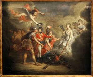 Freden i Amiens. Traktat undertegnet 25. mars 1802 mellom Det forente kongerike og dets allierte, Det osmanske riket, på den ene siden og Frankrike, Spania og Holland på den andre. Maleriet viser Napoleon I Bonaparte, kronet av en engel som blåser i