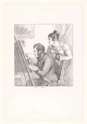 Selvportrett av kunstneren i aksjon med en observerende kvinne