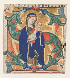 Innledende S[alve sancta parens] fra en Gradual: Madonna and Child, ca. 1370-1374.