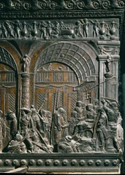 Kristus før Pontius Pilatus. Detalj. Lavrelieff av venstre prekestol, ca.1460 ca