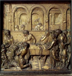 Herodes Antipas IIs festmåltid (21 f.Kr.-39 e.Kr.). Detalj av det nedre relieffet på døpefonten, utført av Donato di Niccolò di Betto Bardi, kalt Donatello (1386-1466)