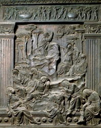 Bønnen på Oljeberget. Lavt relieff av stolen til venstre, ca. 1460