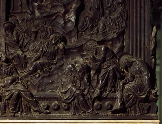 Tilbedelse i hagen, detalj fra venstre prekestol, av Donatello (1386-1466), Basilica of St Lawrence, Firenze, Italia
