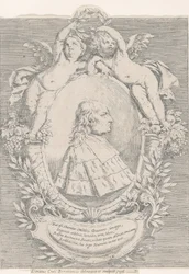 Portrett av Giovanni Girolamo Sbaraglia, innenfor en oval flankert av to putti på overflødighetshorn..., 1716.