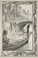 Lekteren fløt nedover elven, illustrasjon fra "Stories of King Arthur and the Round Table" av Beatrice Clay