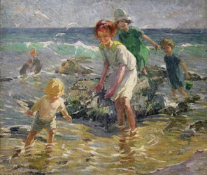 Barn på stranden (olje på lerret)