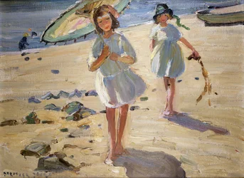 Venner på stranden (olje på lerret)