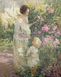 Plukke blomster (olje på lerret)