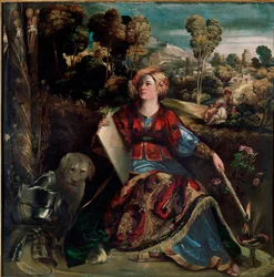 Trollkvinnen Kirke. Heksen er fremstilt på øya si med frodig vegetasjon, ledsaget av en hund, og en rustning ligger på bakken. Maleri av Giovanni Luteri kalt Dosso Dossi (ca. 1489-1542), ca. 1530. 176 x 174 cm. Roma, Galleria Borghese.