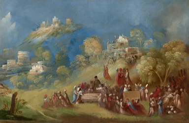 Trojanerne bygger tempelet til Venus og ofrer ved Anchises#39; grav på Sicilia, ca. 1520 (olje på lerret)