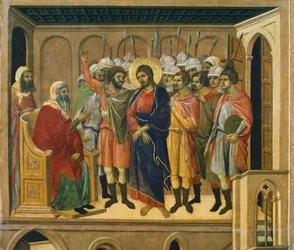 Kristus før ypperstepresten, detalj av flis fra episoder fra Kristi lidenskap og oppstandelse, baksiden av Maesta' av Duccio altertavle i katedralen i Siena