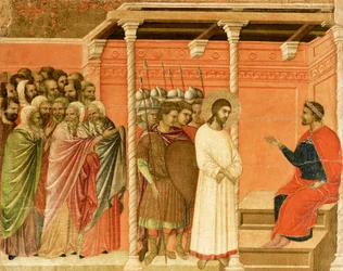 Kristus foran Pilatus, detalj av en flis fra Episoder fra Kristi lidelse og oppstandelse, baksiden av Duccios Maestà-altertavle i katedralen i Siena