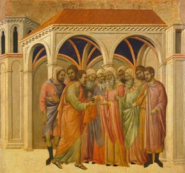 Forræderiet av Judas, detalj av flis fra episoder fra Kristi lidenskap og oppstandelse, baksiden av Maesta' av Duccio altertavle i katedralen i Siena