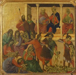 Barnemordet i Betlehem, detalj fra predellaen i Duccios Maestà-altertavle i Siena-katedralen
