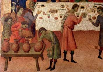 Bryllupet på Cana. Detalj, baksiden av altertavlen (tempera og gull på tre