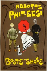 Livsstil. Mote. Abbots Phit-ees, støvler og skobutikk, London. Plakat av Dudley Hardy, England, ca. 1890 (plakat)