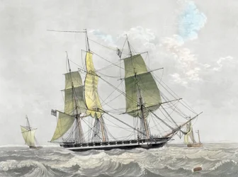 Amerikansk marinekorvett under seil, tidlig på 1800-tallet (trykk)