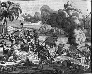 Kolonisering: de nederlandske flåtene jager portugisere fra Ceylon (dagens Sri Lanka eller Srilanka) i 1658. Nederlandsk trykk fra “Afgoderye de oost-indische heydenen” (Beskrivelse av landene i det østlige India) av Philippus Baldaeus (eller Balde) (1632)