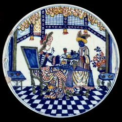 Delft-porselenstallerken som viser en kvinne ved et bord, betjent av sin svarte tjener. 1705, Sèvres, Det nasjonale keramikkmuseet