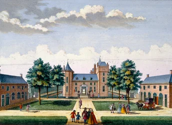Fasade av Assumburg Castle, fra Het Zeganpralent Kennemerlant av Hendrick de Leth og Matthias Brouerius Van Nidek, publisert ca. 1700-1730
