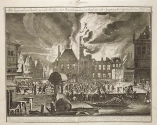 Brann i det gamle rådhuset i Amsterdam, 17. juli 1652, fra en bok om brannbekjempelse i Holland, utgitt ca. 1700