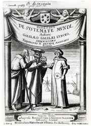 Frontispice av Dialogus De Systemate Mundi av Galileo (1564-1642), utgitt i Leyden 1635